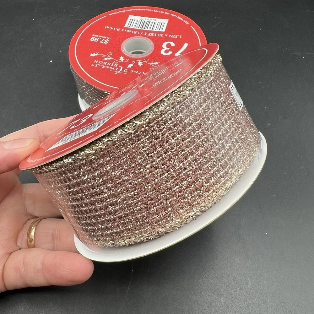 Pink Rose Gold Metallic Glitter Net Wired Edge Ribbon Set of 2 Roll 30'ea  ~ NEW